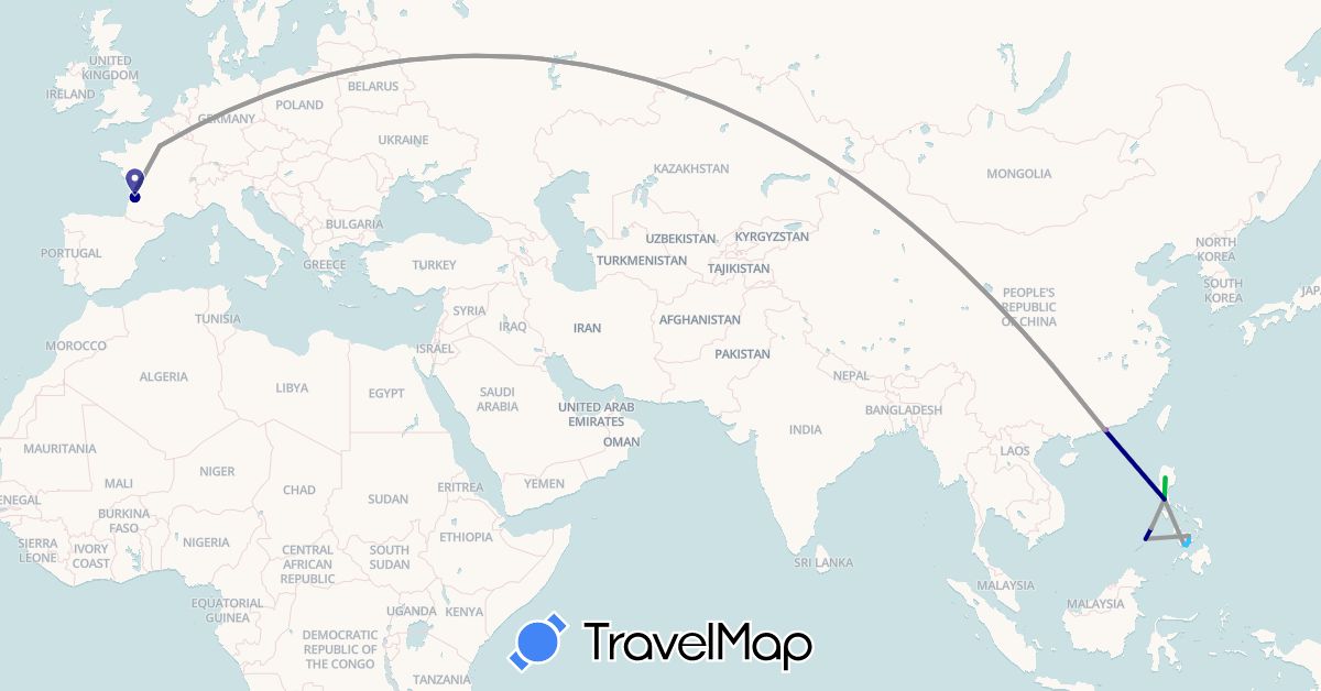 TravelMap itinerary: driving, bus, plane, train, boat in France, Hong Kong, Philippines (Asia, Europe)